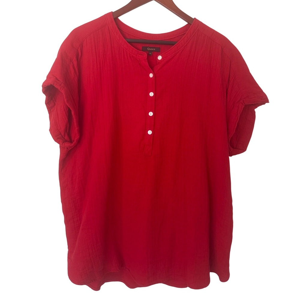 Quince Red 100% Organic Cotton Gauze Henley Short Sleeve Blouse XL RK001